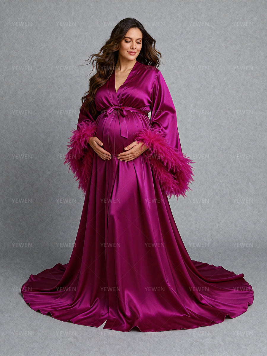Elegant Magenta Satin Maternity Robe Long Train Feather Trim Pregnancy Photoshoot Dress Luxury Maternity Photography Outfit