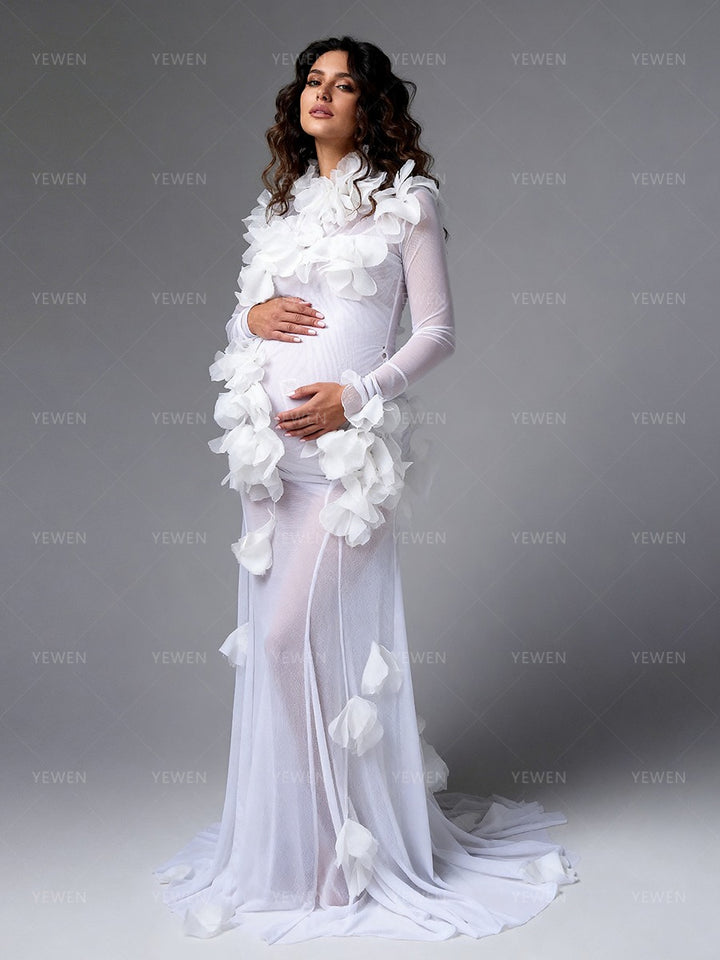 Sheer Maternity Photoshoot Dress Elegant White 3D Floral Long Sleeve Pregnancy Photography Gown