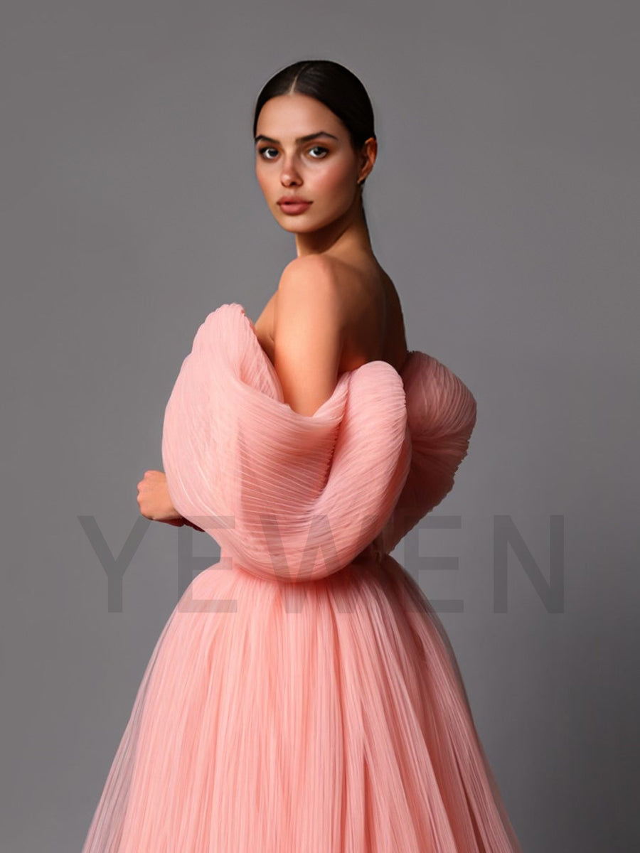 Fashionable Pleated Evening Dress A Line Off Shoulder Formal Gown