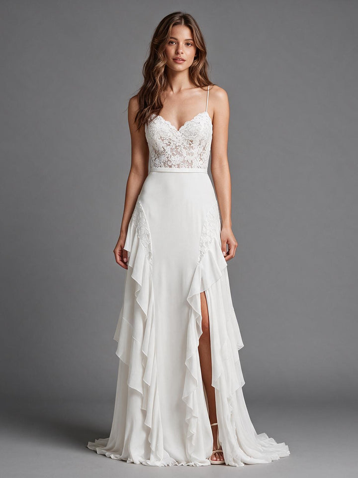 Ivory Spaghetti Strap V-Neck Sheer Lace Corset Boho Wedding Dress