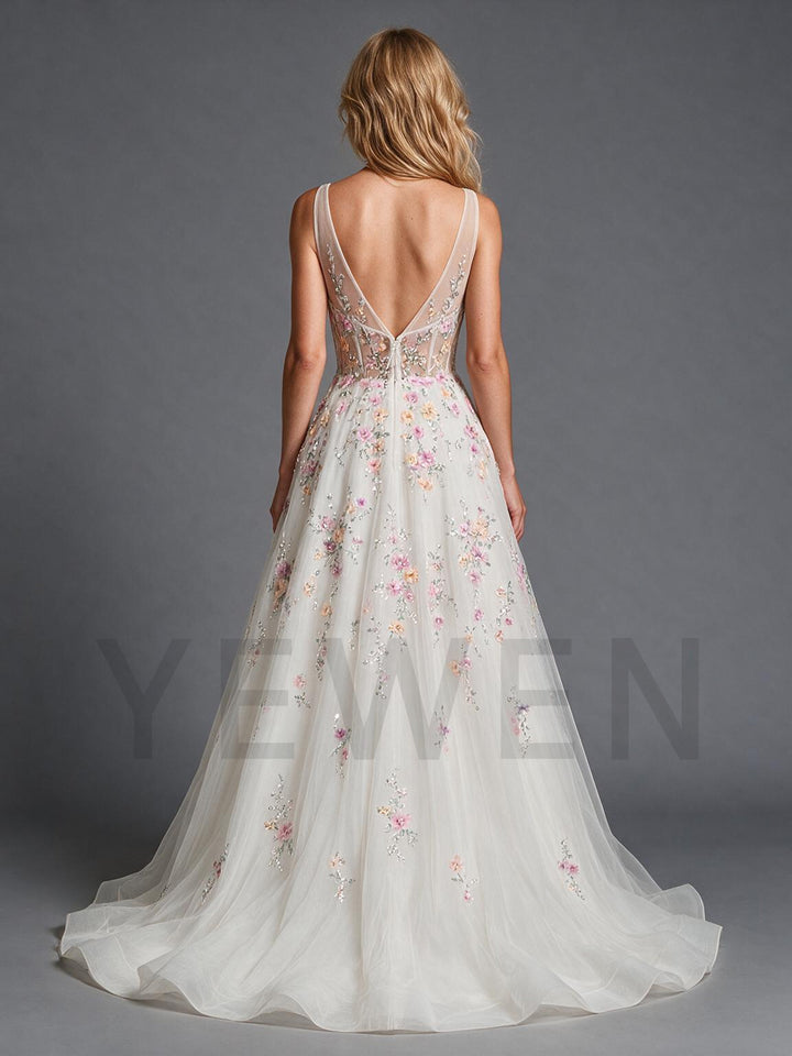 Ivory A-Line Deep V-Neck Floral Tulle Wedding Dress
