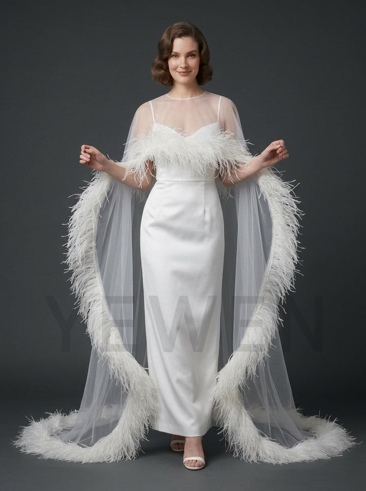 Luxurious Ostrich Feather Sheer Cape Sweetheart Evening Gown YD261011
