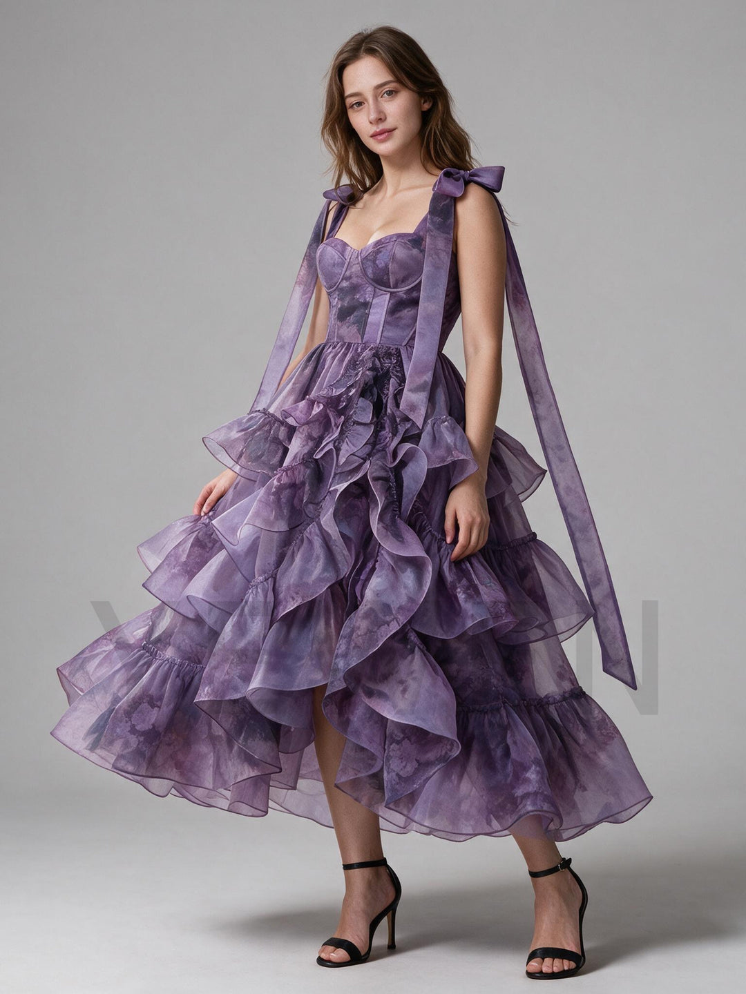 Purple Watercolor Floral Tiered Ruffle Princess Dress YW2610165