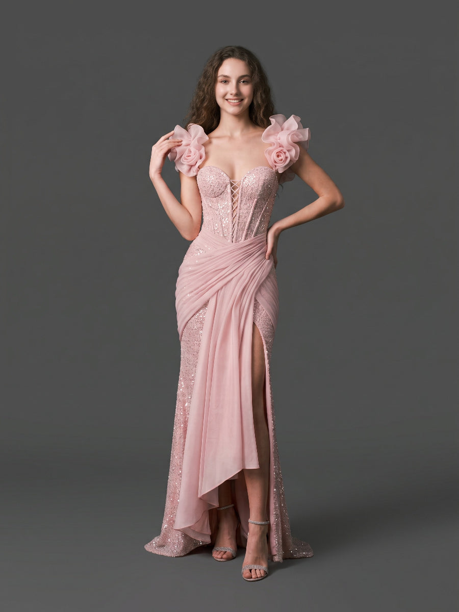 Pink 3D Handmade Rose Shoulder Sequin Corset Evening Dress