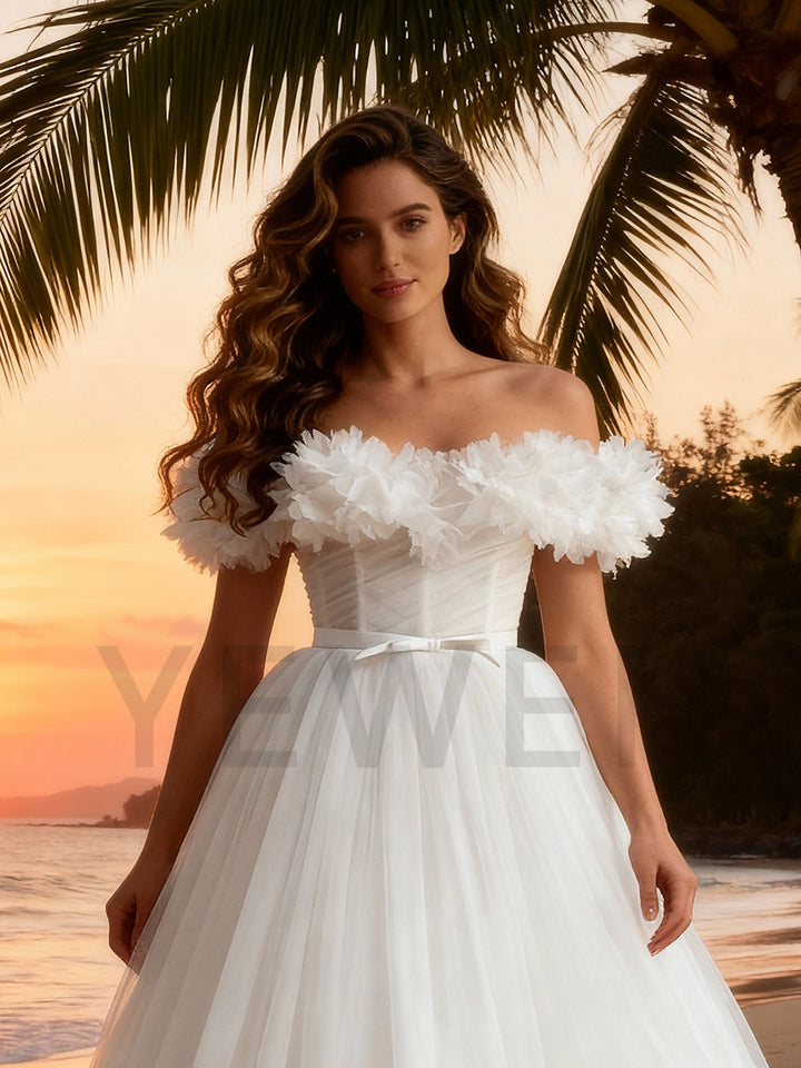 A Line Romantic 3D Floral Appliques Bridal Dress Beach Wedding Dress
