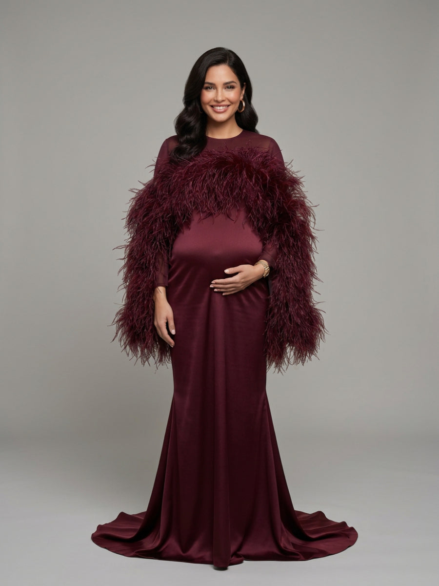 Burgundy Dramatic Feather Cape Maternity Baby Shower Dress YD260917