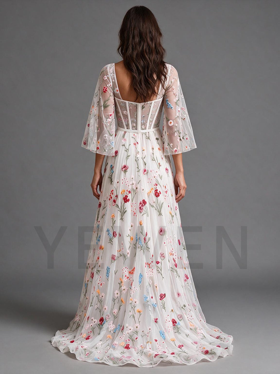 Ivory Sheer Sleeve Floral Boho Wedding Dress with High Slit Skirt