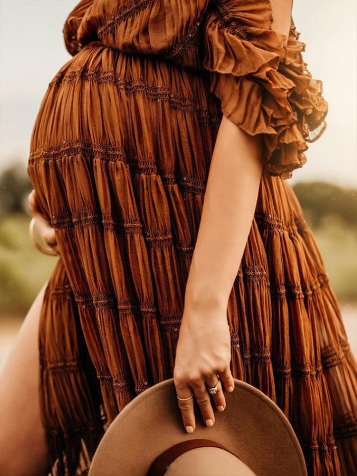 Close-up of chiffon fabric texture on dress for photo shoot showing soft lightweight material and elegant flow