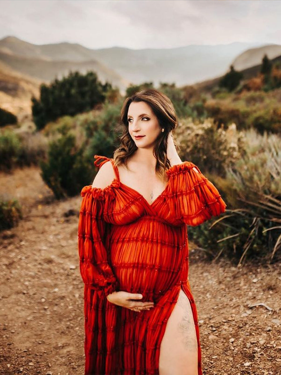 Lifestyle real shot of chiffon maternity photoshoot dress designed for custom color pregnancy and photography sessions