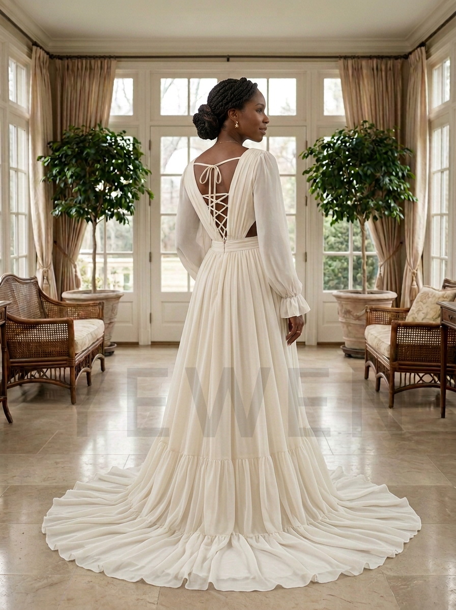 A woman stands in a bright room wearing a long-sleeved ivory wedding dress with a lace-up open back and a full train, photographed from behind.