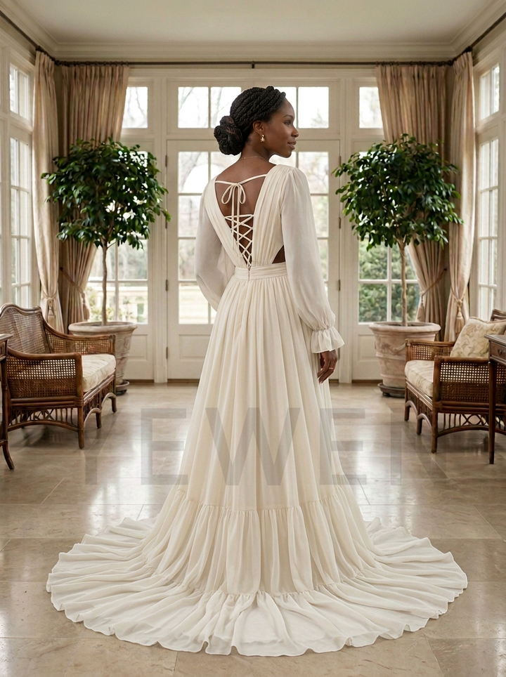 A woman stands in a bright room wearing a long-sleeved ivory wedding dress with a lace-up open back and a full train, photographed from behind.