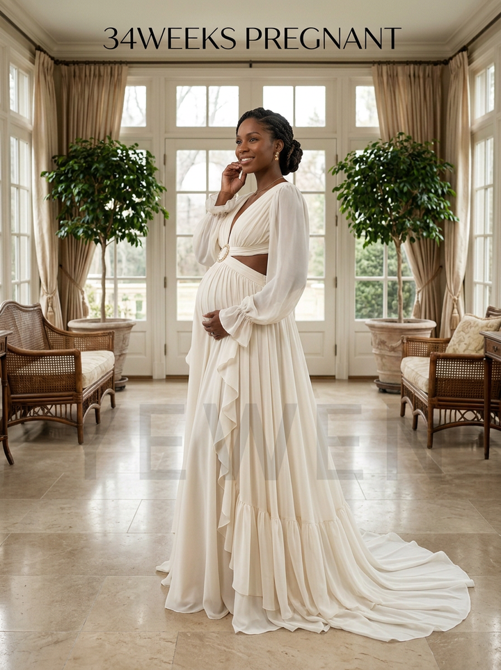 A pregnant woman stands in a bright, elegant room wearing a long cream/off-white gown with a deep V-neckline, side cutouts, and a flowing train. Large windows, beige curtains, potted plants, and woven chairs are visible in the background.