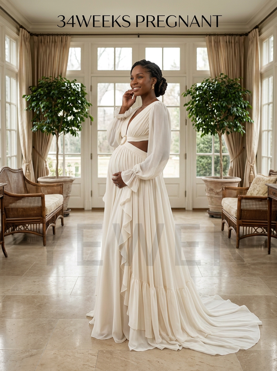 Chiffon Maternity Wedding Dress with Cutout Waist Pregnant Bride Dress YD260819 12-14 / Picture Color