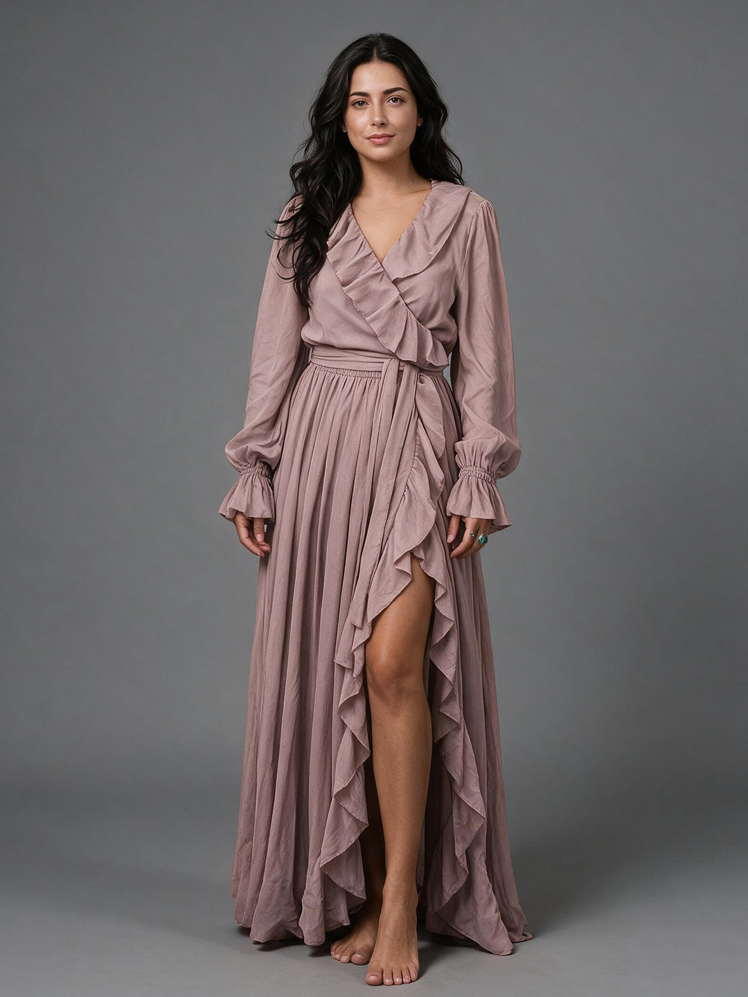 Dusty rose cotton linen maxi dress with bishop sleeves and a wrap front, front view.