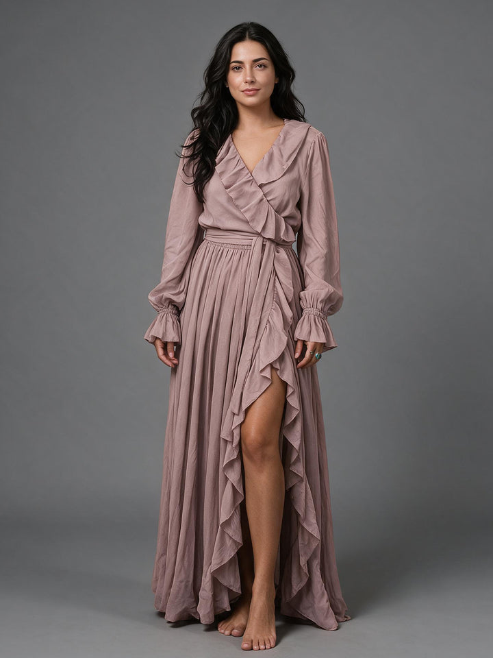 Dusty rose cotton linen maxi dress with bishop sleeves and a wrap front, front view.