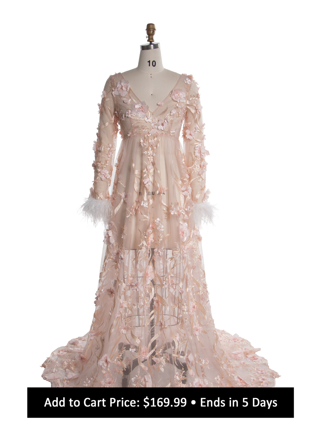 A romantic pink maternity photoshoot dress adorned with delicate 3D flowers and sheer sleeves