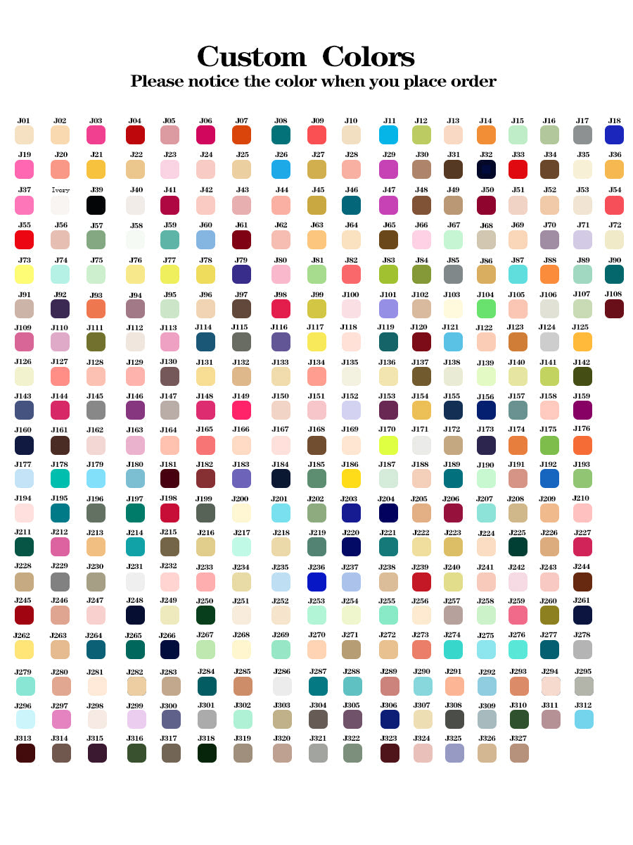 Custom color swatch chart for a maternity wedding dress with pearl sleeves showing wide color options.
