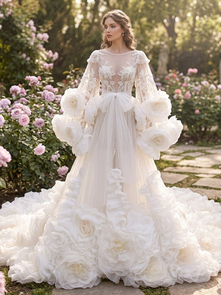 Organza Flower Bridal Robe Wedding Photoshoot Gown YD260704