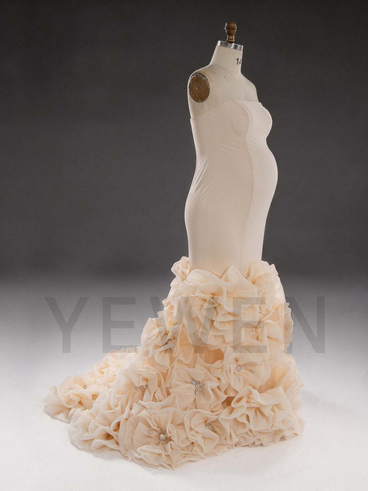 2026 Luxury Couture Mermaid Handmade Floral Rhinestone Maternity Photoshoot Gown