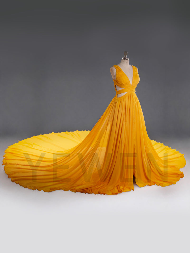 Flowy Yellow Flying Dress for Photography Flying Gown with Endless Train YW260326