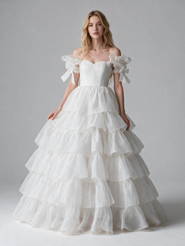 White Off-Shoulder Puff Sleeve Tiered Ruffle Princess Dress YW2610135