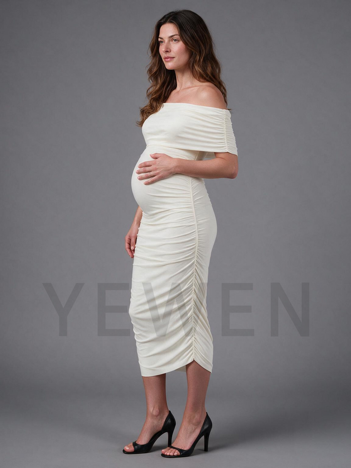 Off-Shoulder Ruched Body Maternity Dress for Baby Shower