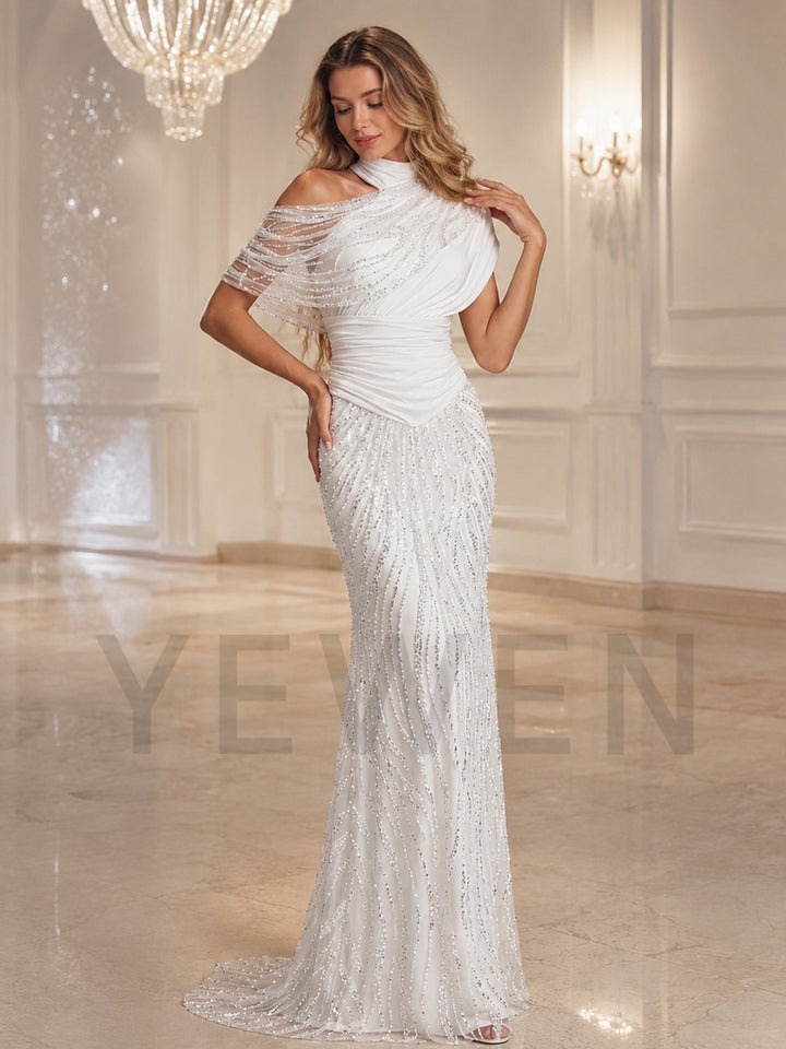 Ivory One-Shoulder Sequin Mermaid Wedding Dress with Beaded Skirt