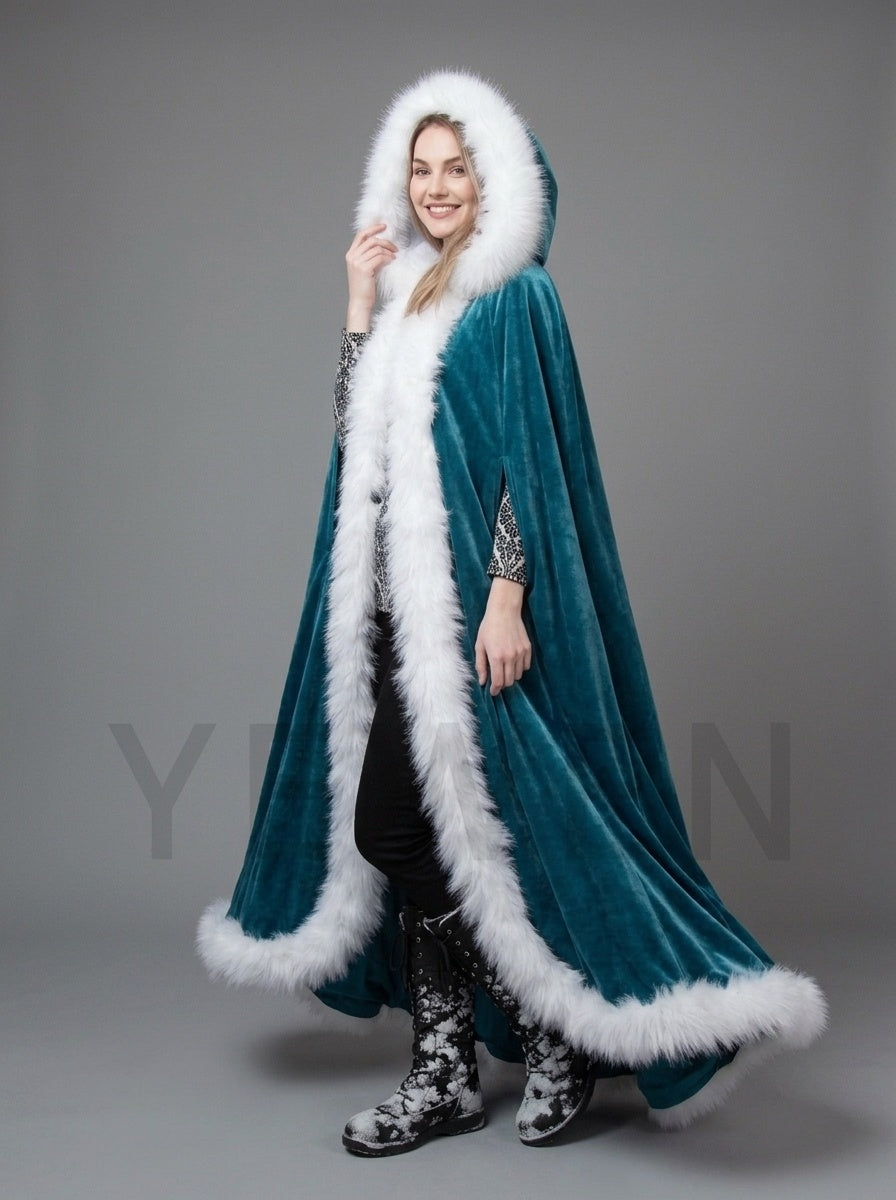 Velvet Hooded Christmas Cape with White Faux Fur Trim YD261013