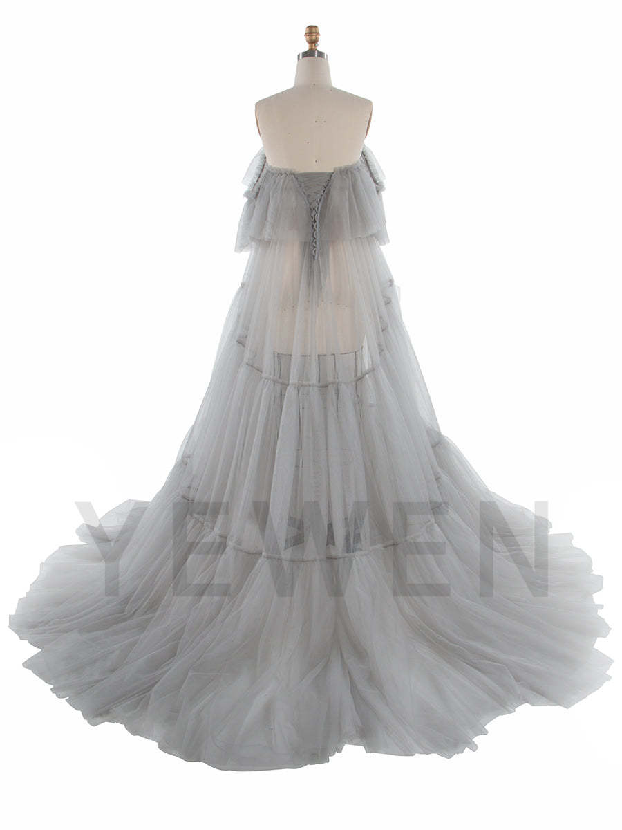 Sheer Tulle Maternity Dress with Ruffles for Photo Shoots Layered Tulle Maternity Robe Photography Dresses YW250004