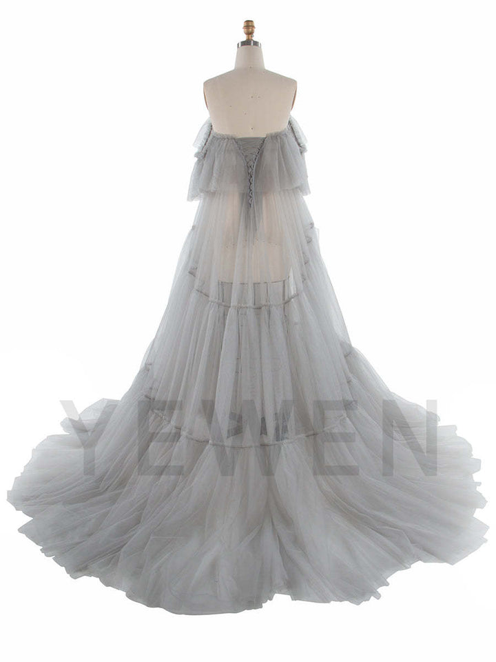 Sheer Tulle Maternity Dress with Ruffles for Photo Shoots Layered Tulle Maternity Robe Photography Dresses YW250004