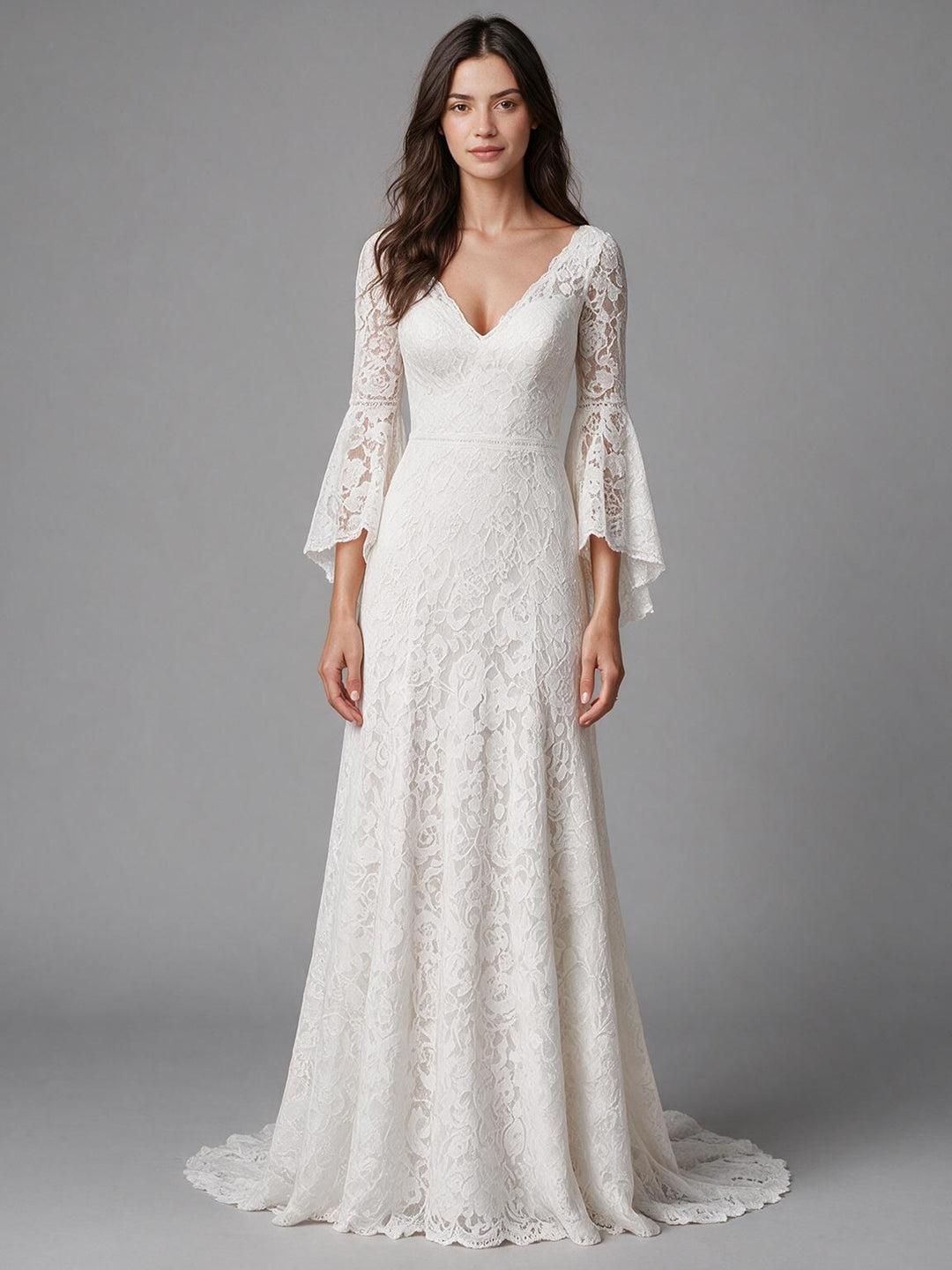 Ivory V-Neck Sheer Bell Sleeve Floral Lace Boho Wedding Dress