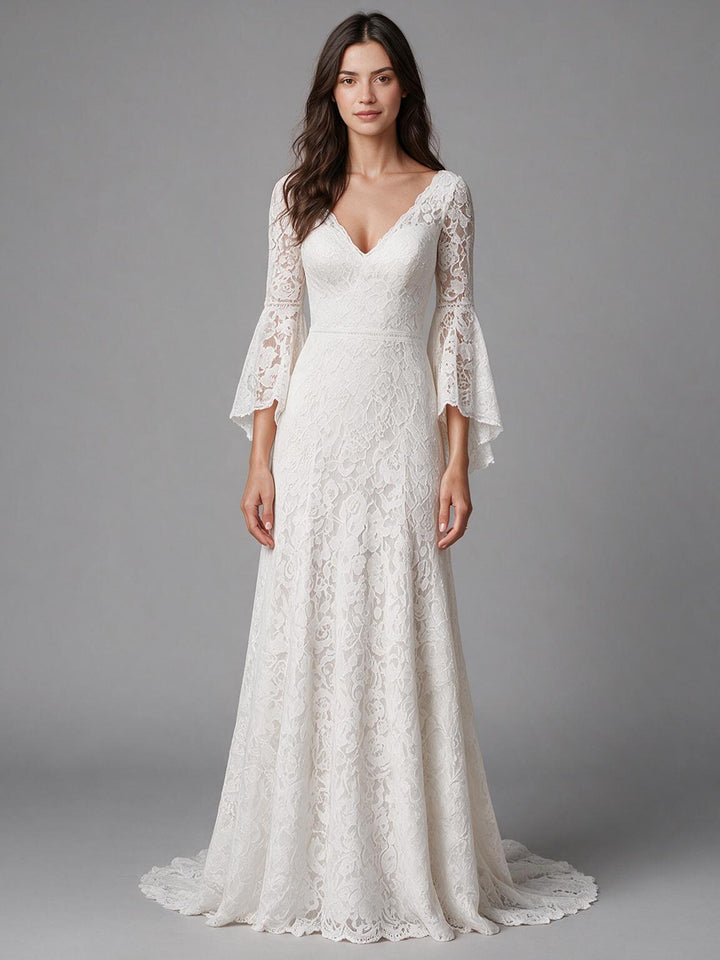 Ivory V-Neck Sheer Bell Sleeve Floral Lace Boho Wedding Dress