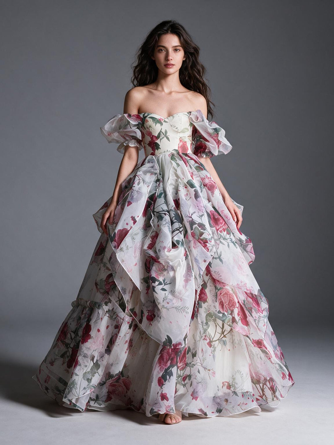 Vintage Rose Floral Off-Shoulder Puff Sleeve Princess Dress YW2609273