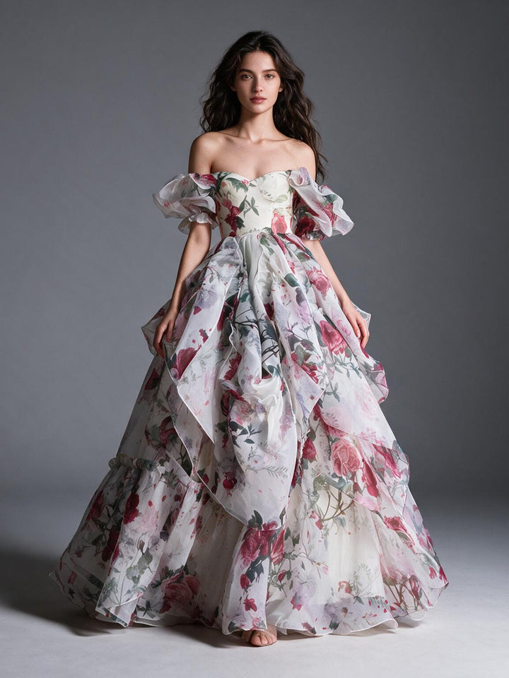 Vintage Rose Floral Off-Shoulder Puff Sleeve Princess Dress YW2609273