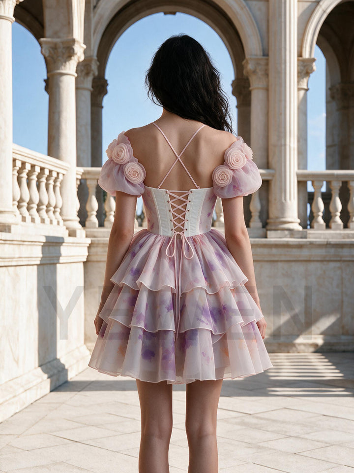 Pink Purple Floral Watercolor 3D Rose Princess Dress WT268016
