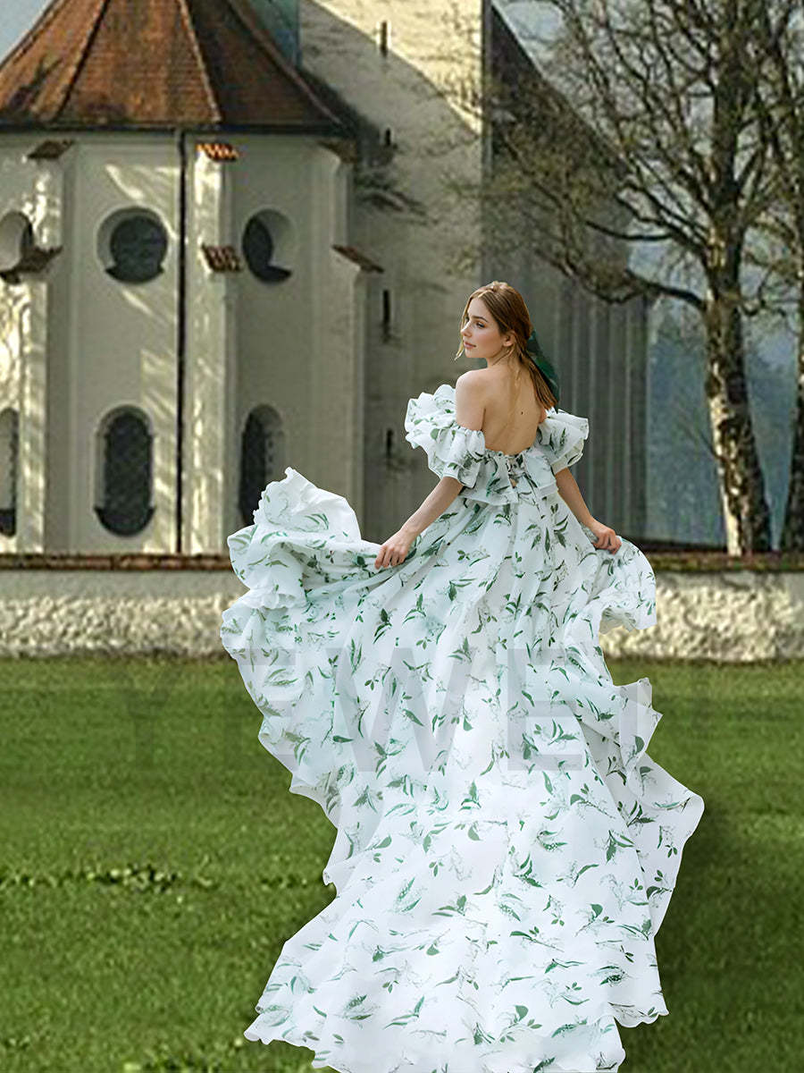 Off Shoulder Floral Wedding Dress with Slit Long Train Fancy Photo Shoots Gown