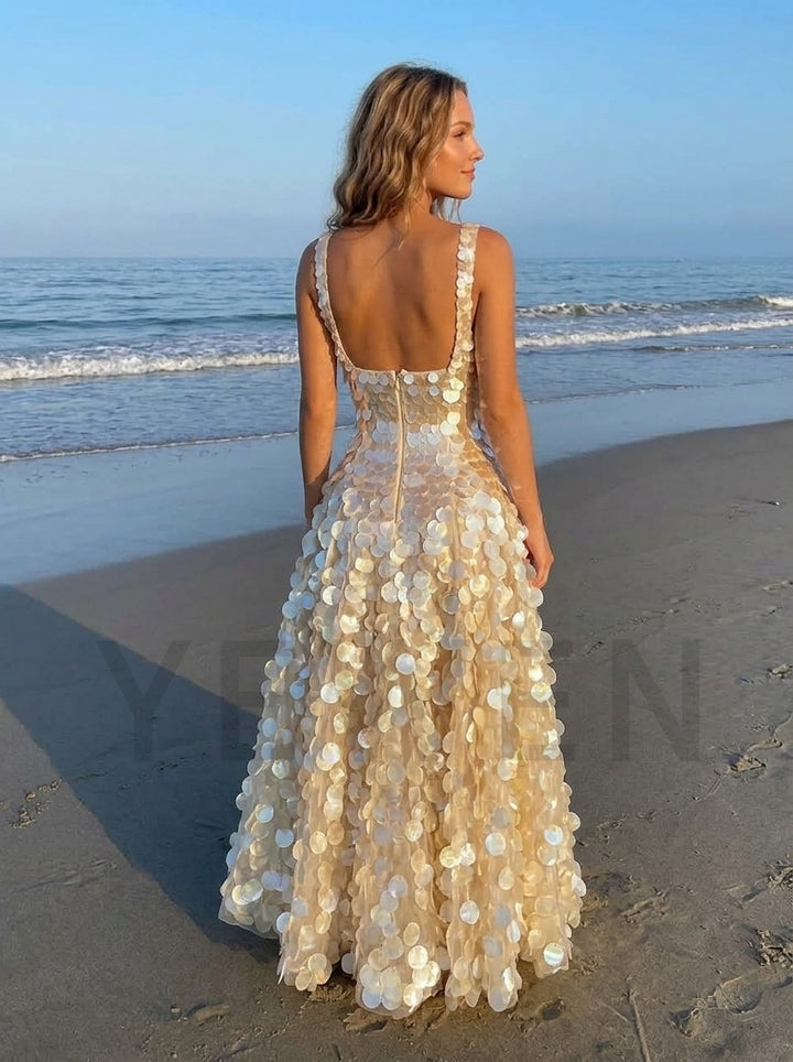 Champagne Square Neck Paillette Sequin Maxi Evening Dress YD261004