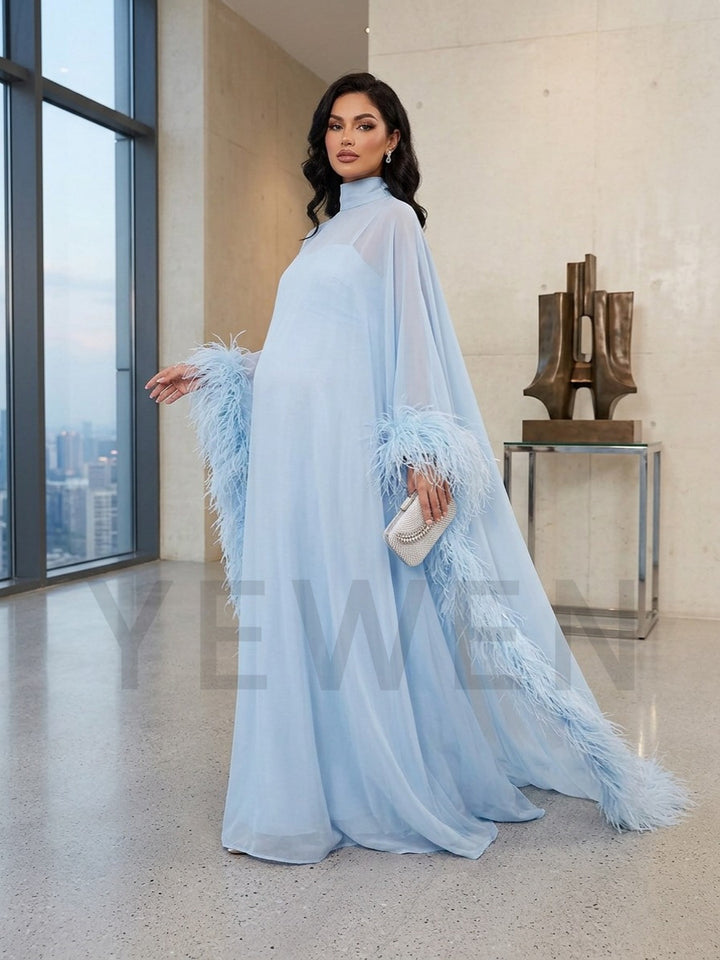 Blue Ostrich Feather Cape Maternity Baby Shower Dress YD260837