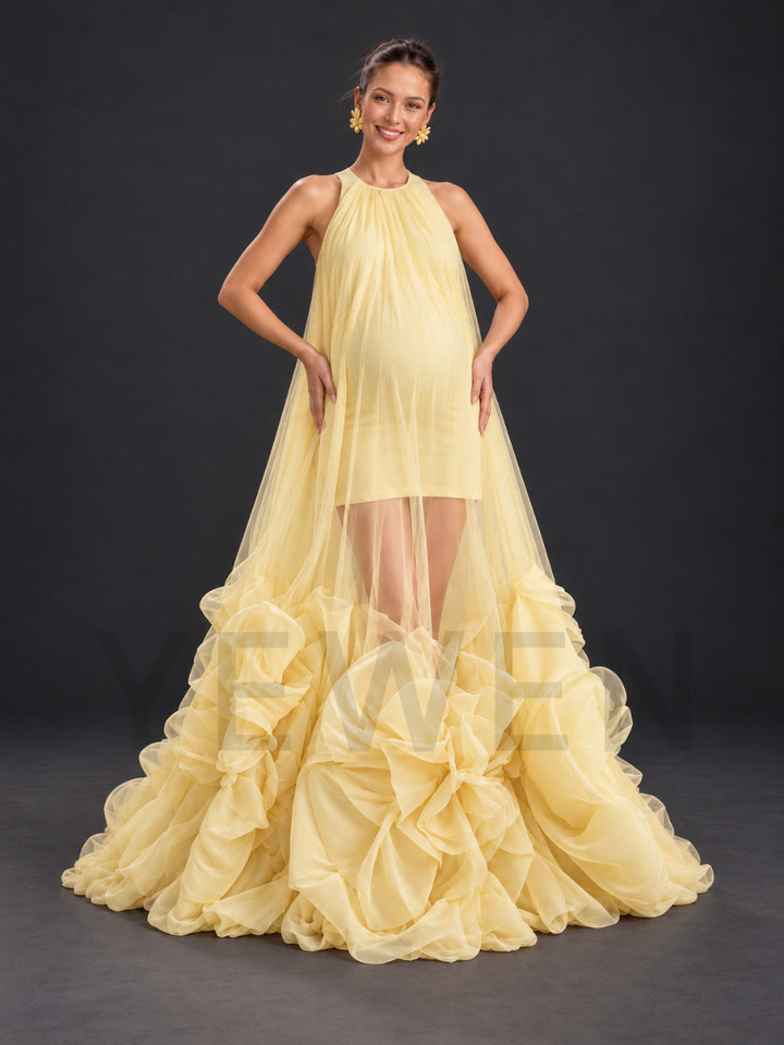 Yellow Halter 3D Ruffle Tulle Sheer Maternity Photoshoot Gown HA261001