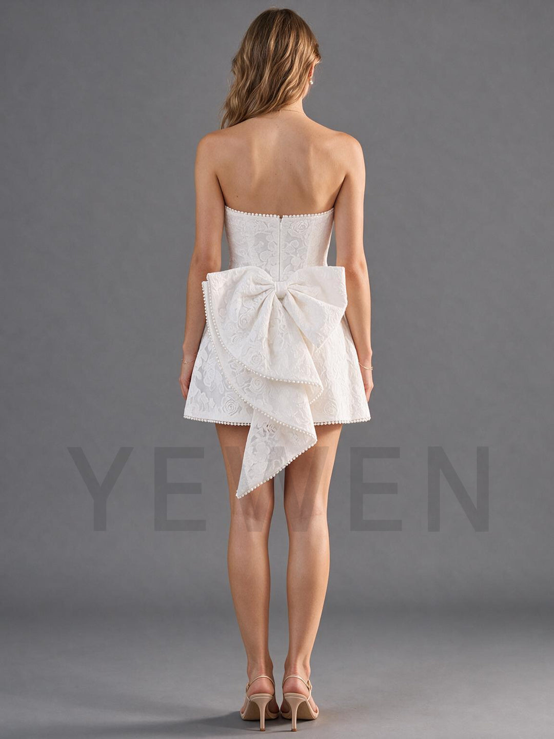 Ivory Lace Pearl Mini Wedding Dress with Oversized Back Bow