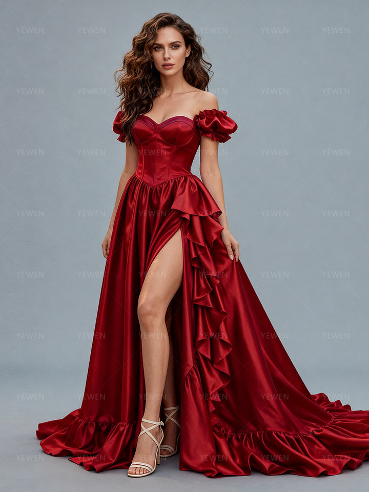 Burgundy Satin Photoshoot Dress Elegant High Slit Formal Occasion Gown