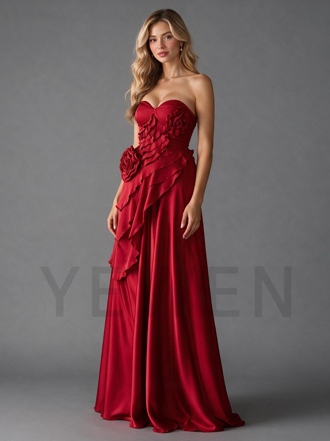 Strapless 3D Floral Ruffle Satin Christmas Dress YW2610082