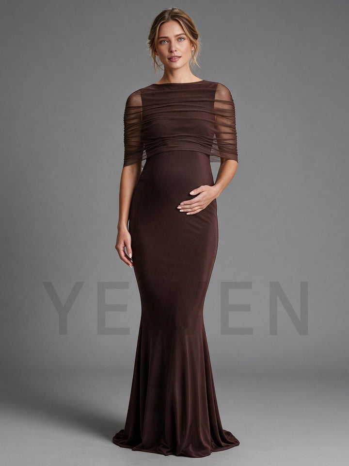 Brown Crew-Neck Maternity Gown With Mesh Cape
