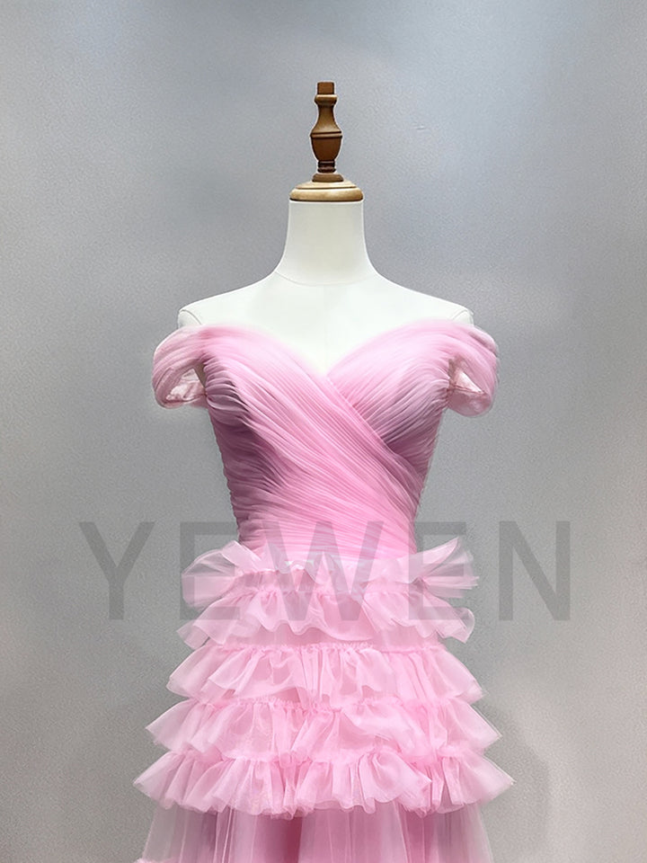 Layer Pink Prom Dress Off The Shoulder Long Evening Party Dresses F25159J