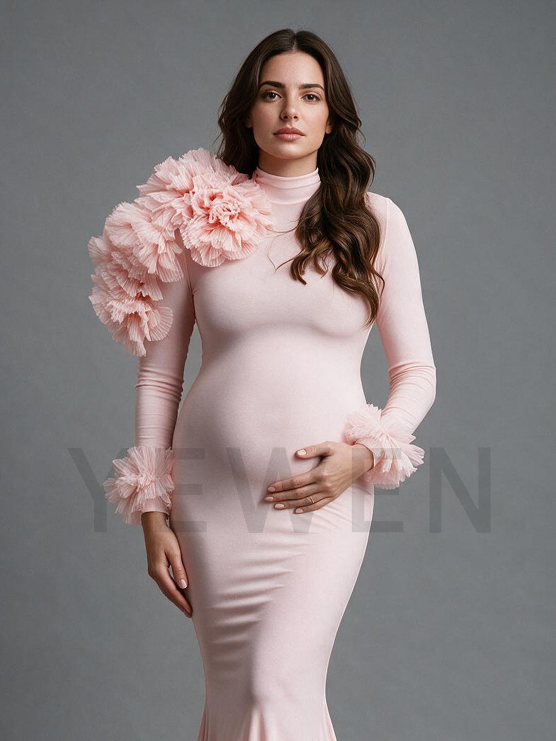 Pink Long Sleeve 3D Floral Mermaid Maternity Photoshoot Gown YW2610142