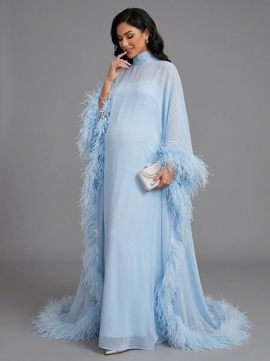 Blue Ostrich Feather Cape Maternity Baby Shower Dress