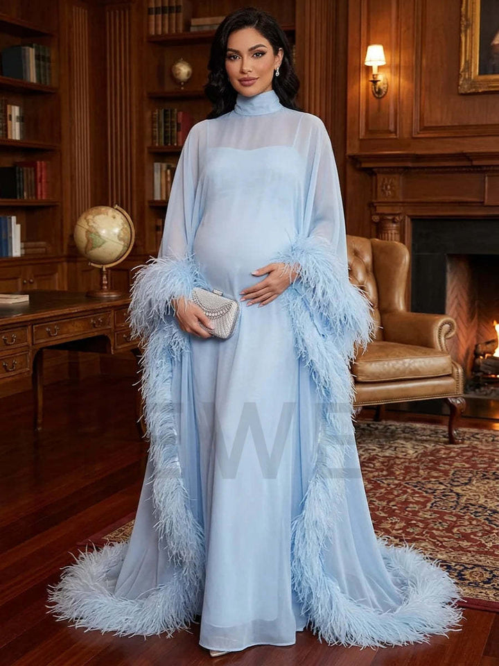 Blue Ostrich Feather Cape Maternity Baby Shower Dress YD260837