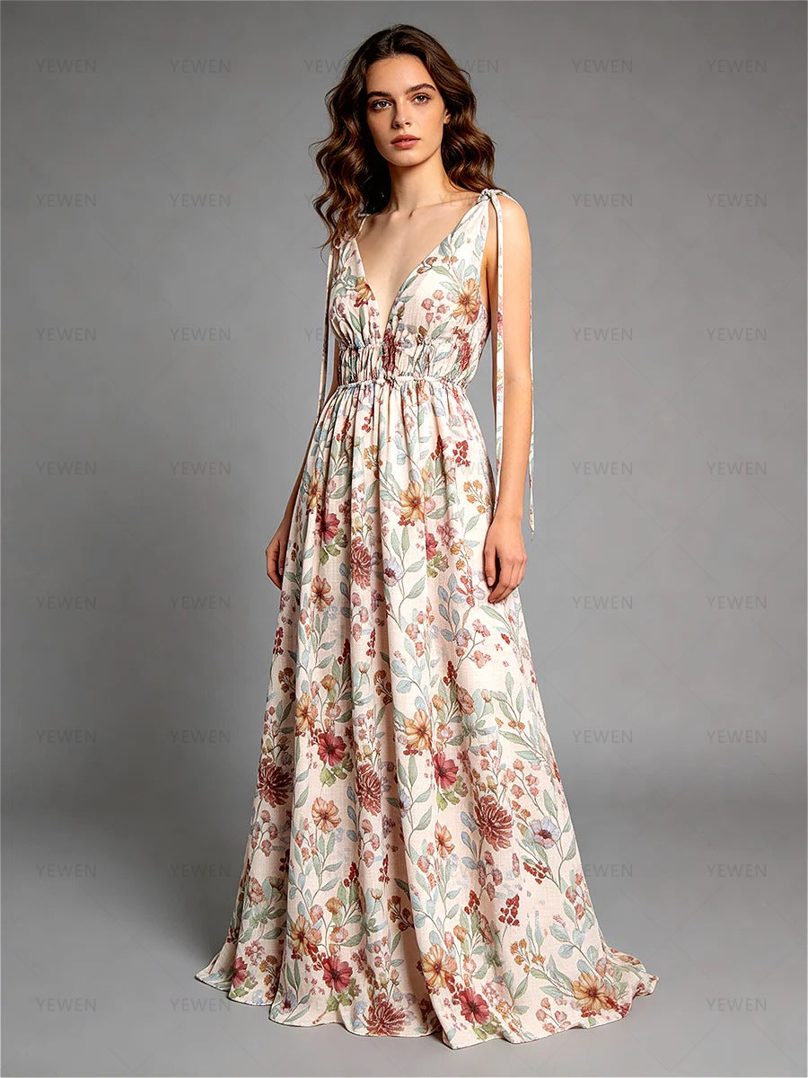 Boho Vintage Maxi Dress Spaghetti Strap Printing Photoshoot Gown YW260260