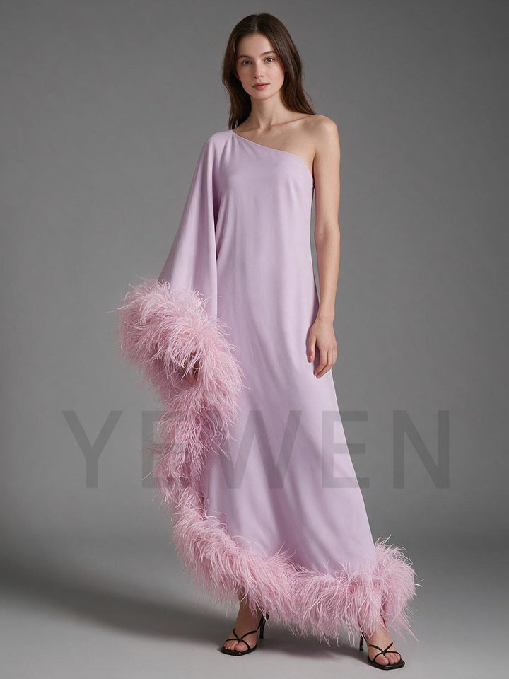 One-Shoulder Poncho Ostrich Feather Satin Evening Gown YW2610065