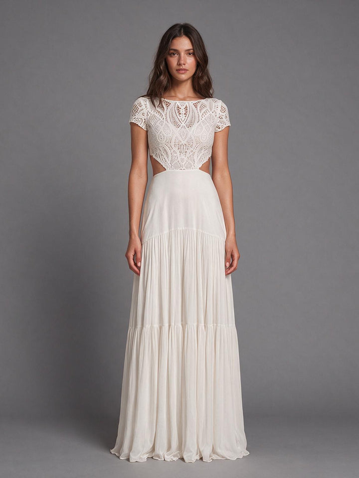 Ivory Illusion Short Sleeve Cutout Waist Lace Boho Wedding Dress